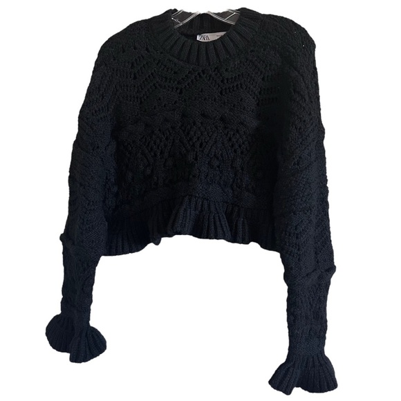 ZARA Cropped Sweater Black Knit Chunky Ruffle Long Sleeve size Small EUC - Picture 3 of 11